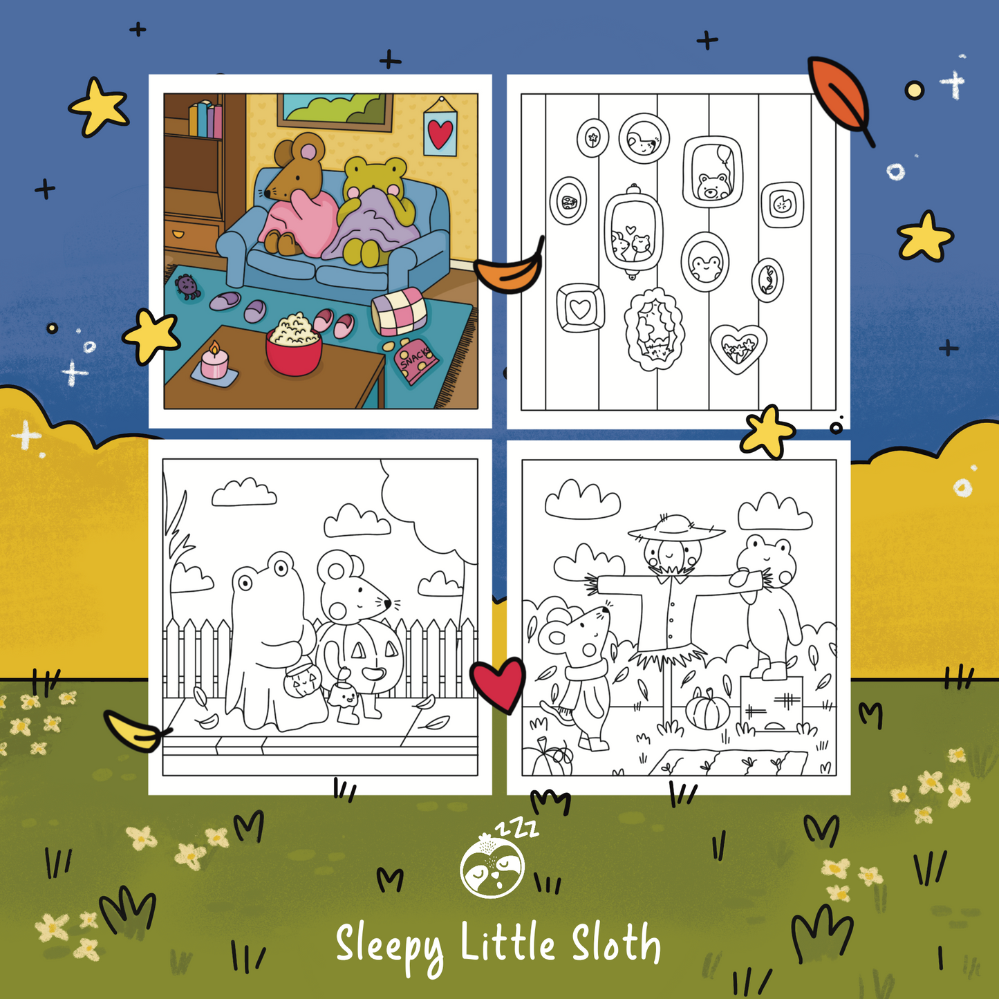 Cosy Autumn Digital Download PDF Colouring Book - Sleepy Little Sloth